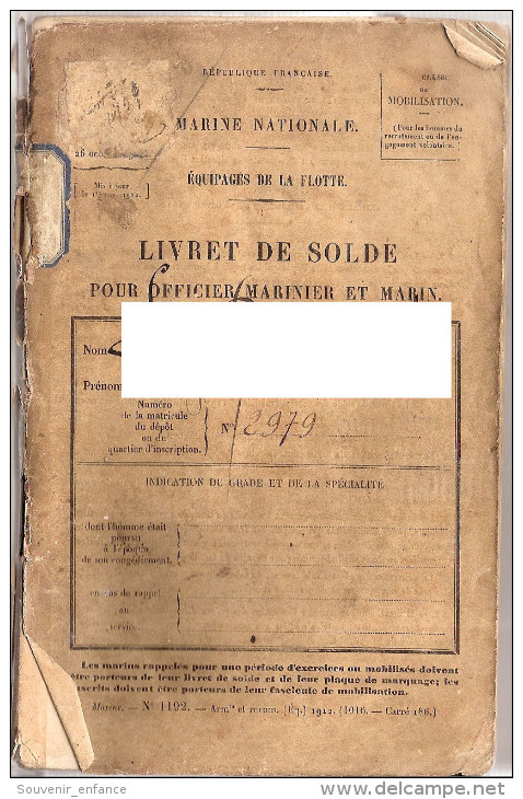 Livret De Solde Marin Marine Quimper 29 Finistère 1914 - Documents Historiques