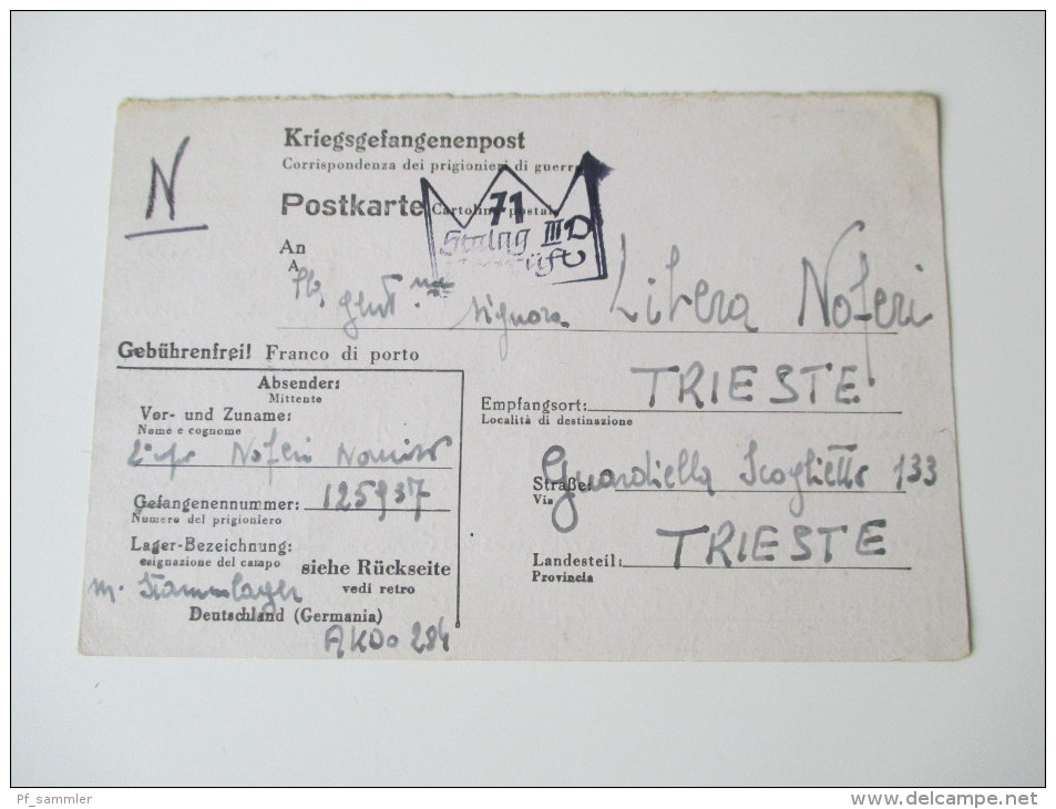 Kriegsgefangenpost 1944/45 Prisoner Of War 13 Belege Verschiedene Stammlager Alle Gesendet Nach Triest! Doppelkarte Usw. - Autres & Non Classés