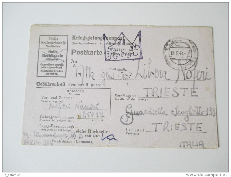 Kriegsgefangenpost 1944/45 Prisoner of War 13 Belege verschiedene Stammlager alle gesendet nach Triest! Doppelkarte usw.