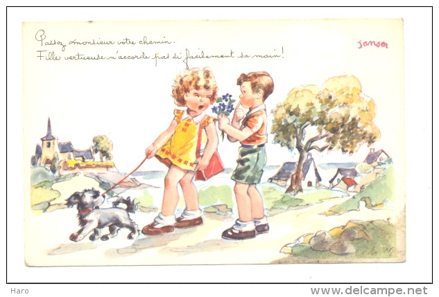 FANTAISIE - Illustrateur JANSER - Fille Vertueuse Promenant Son Chien Abordée Par Un Garçon (Y248)b147 - Janser