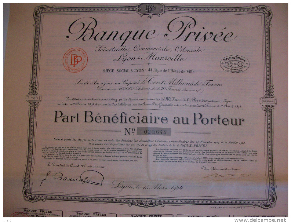 2603  --  BANQUE PRIVÉE - Capital   100.000.000 De Frs  Part Bénéficiaire - Other & Unclassified