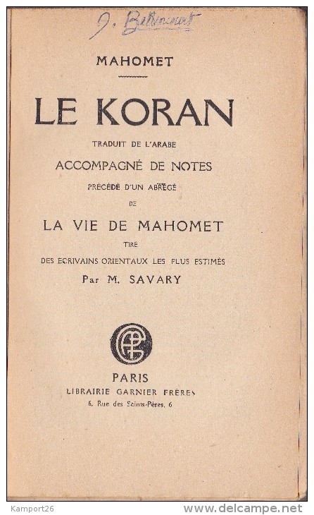 1923 LE KORAN La Vie De Mahomet LE CORAN Savary - 1901-1940