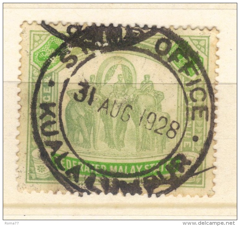 W1134 - MALESIA 1921 , 1 Dollaro Verde Fil CA Corsivo Usato - Federated Malay States