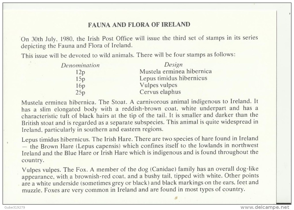 IRELAND 1980 - FDC FAUNA:LEPUS TIMIDUS (IRISH HARE) - VULPES VULPES (FOX) - MUSTELA ERMINEA (STOAT) - CERVUS ELAPHUS (RE - FDC