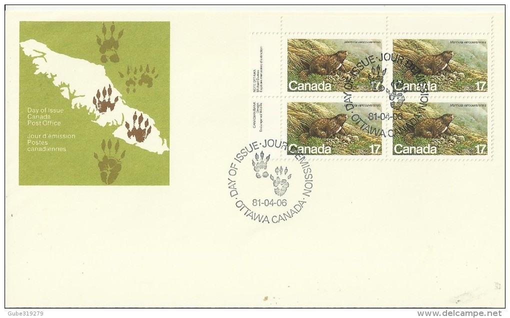 CANADA 1981 - FDC ENDANGERED SPECIES - MARMOTA VANCOUVERENSIS  W 1 UPPER LEFT BLOCK OF 4 STS OF 17 C POSTM OTTAWA APR 6, - 1981-1990