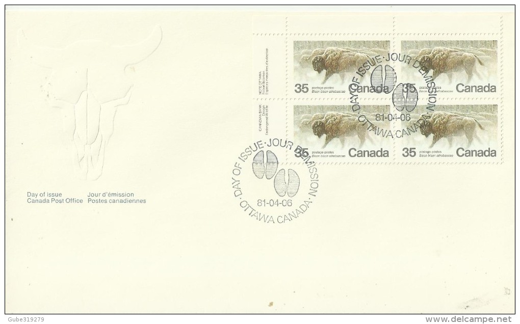 CANADA 1981 - FDC ENDANGERED SPECIES - BISON BISON ATHABASCAE  W 1 UPPER LEFT BLOCK OF 4 STS OF 35 C POSTM OTTAWA APR 6, - 1981-1990