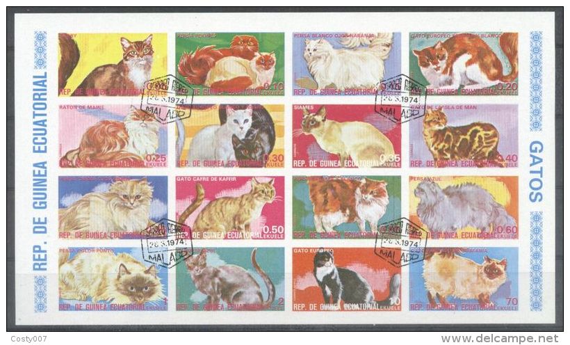 Eq. Guinea 1974 Cats, Imperf. Block, Used T.120 - Equatorial Guinea