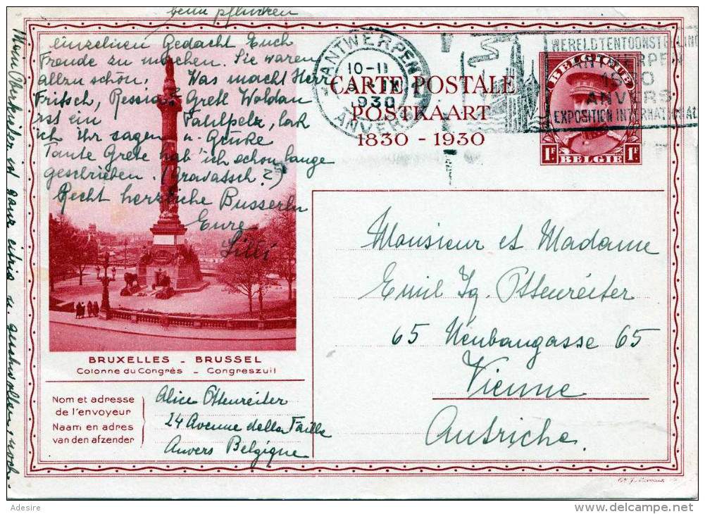 BELGIEN 1930 - 1 F Ganzsache Auf Bildpostkarte Bruxelles Sonderstempel + Stempel Antwerpen > Vienne Austriche - Sonstige & Ohne Zuordnung