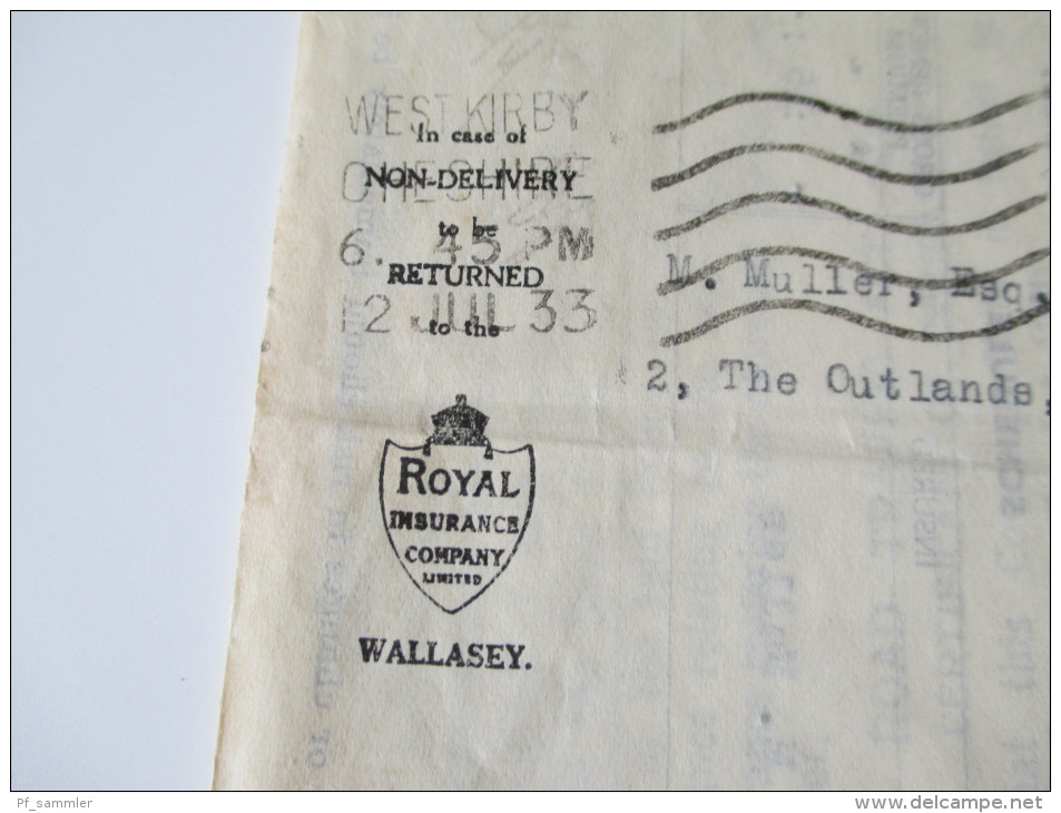 GB 1933 Royal Insurance Wallasey KFZ Versicherung Motor Renewal Notice. Interessantes Dokument - Briefe U. Dokumente