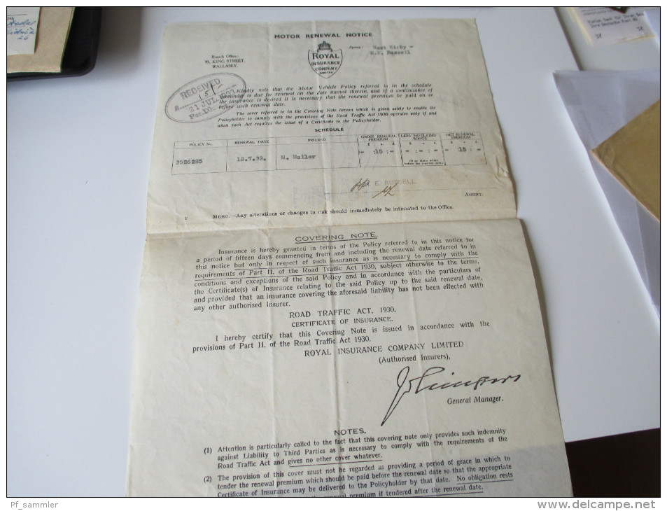 GB 1933 Royal Insurance Wallasey KFZ Versicherung Motor Renewal Notice. Interessantes Dokument - Briefe U. Dokumente