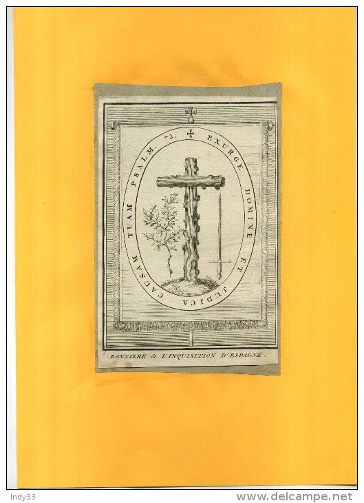 -BANNIERE DE L'INQUISITION ESPAGNOLE . BURIN ET EAU FORTE DU XVIIIe S  .  DECOUPEE ET COLLEE SUR PAPIER . - Religion & Esotérisme