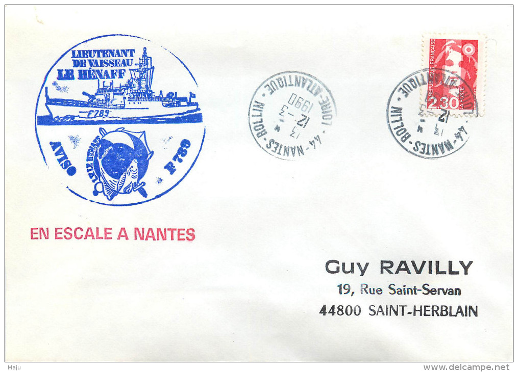 LETTRE  BATEAU AVISO L.V. LE HENAFF EN ESCALE A NANTES 12/3/90   F789 - Poste Navale