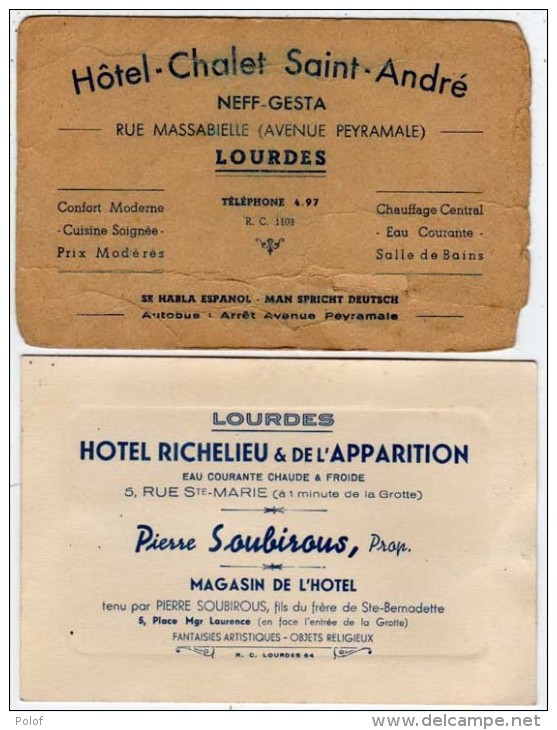 2 CArtes Hotels De LOURDES (65) Hotel Richelieu - Hotel Chalet Saint Andre Neff-Gesta (69924) - Cartes De Visite