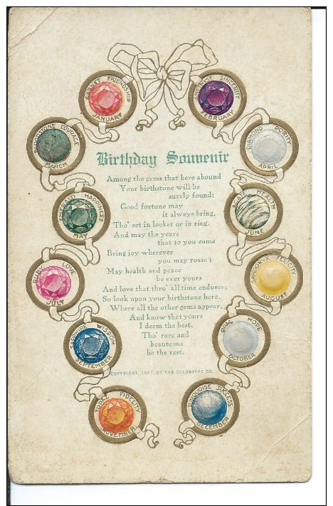 Birthday Souvenir, Birth Stones, 1908 To 1915 Golden Age Postcard # 9198 - Anniversaire