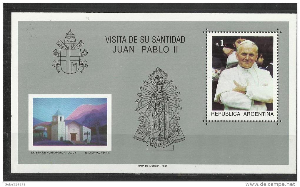 ARGENTINA 1987 - SOUVENIR SHEET VISIT OF POPE JOHN PAUL II - W 1 ST OF A 1 - (PINT. IGLESIA DE PURMAMARCA -JUJUY MINT NH - Blocks & Sheetlets
