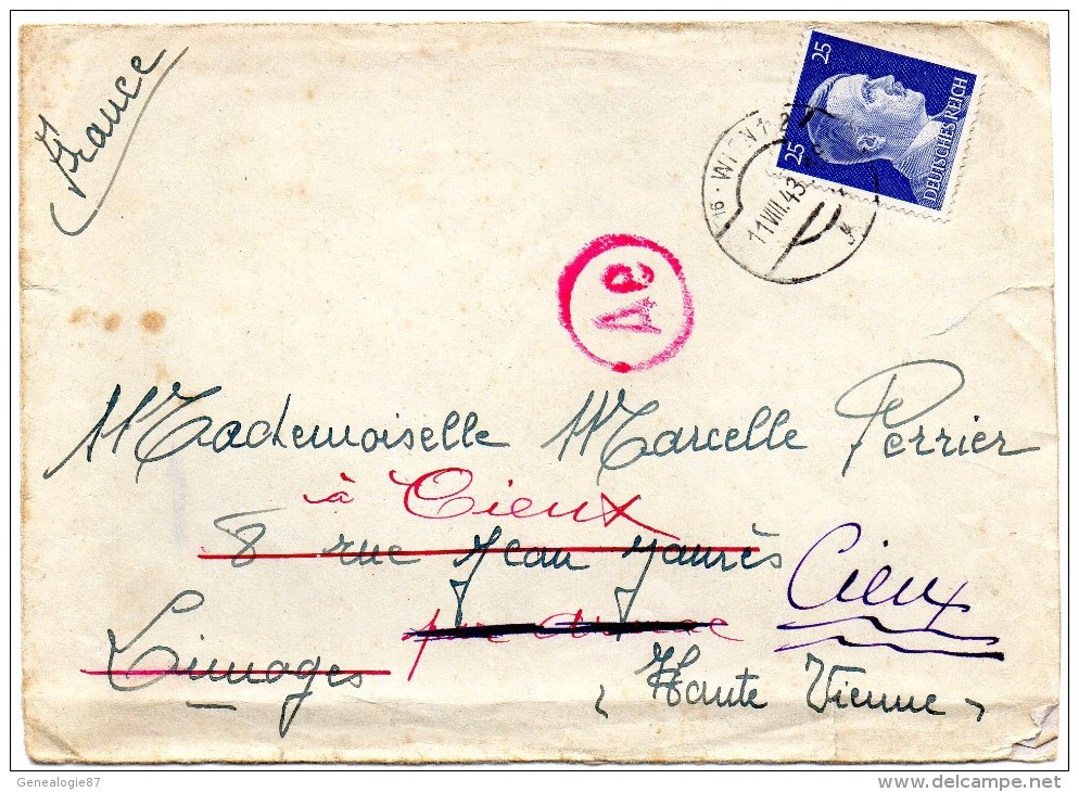 87 - CIEUX - LETTRE A MLLE MARCELLE PERRIER - DEUTSCHES REICH HITLER 25 - WIEN 1943 - Lettres & Documents