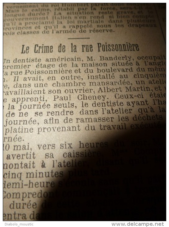 1898 LE PETIT PARISIEN Crime rue Poissonnière ; La France prend parti pour la fiere et courageuse Espagne contre les USA