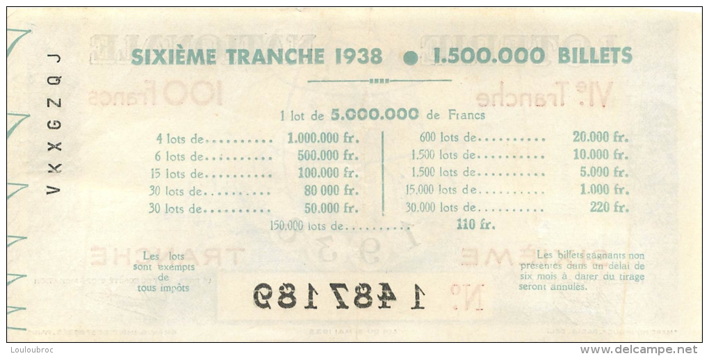 BILLET DE LOTERIE NATIONALE  1938 SIXIEME TRANCHE - Billets De Loterie