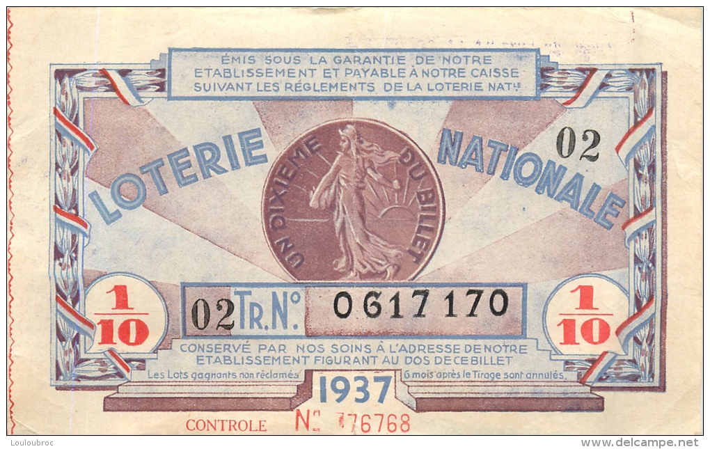 BILLET DE LOTERIE NATIONALE  1937 DEUXIEME  TRANCHE - Billets De Loterie