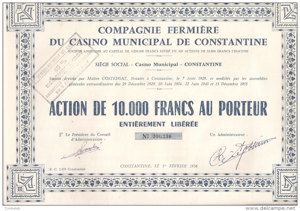 COMPAGNIE FERMIERE DU CASINO MUNICIPAL DE CONSTANTINE - LOT DE 5 ACTIONS - Casino'