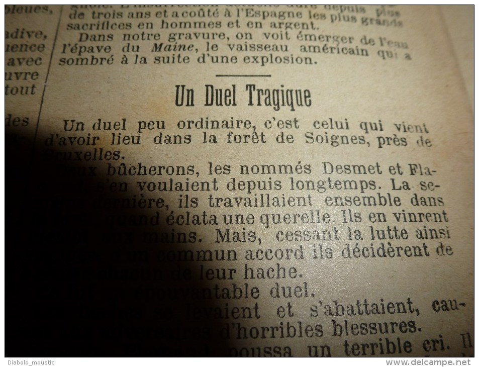 1898 LE PETIT PARISIEN :Duel à la hache près Bruxelles entre Desmet-Flamand; Mme Benoit assassinée à Vert (près Nantes)