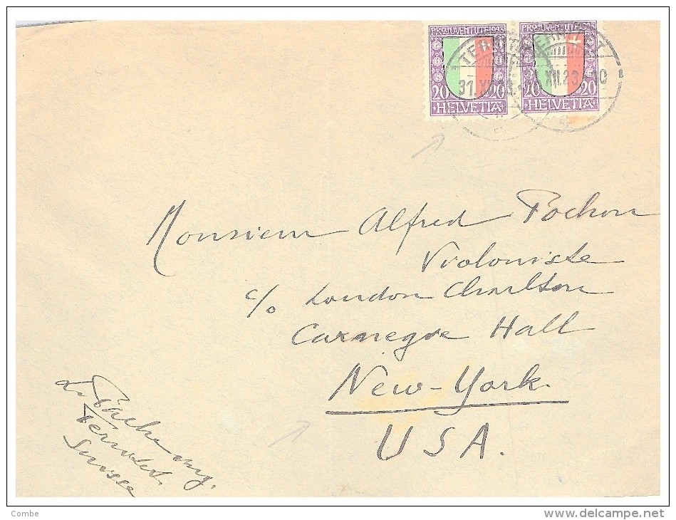 1923, LETTRE SUISSE, MI 187 PAAR + BELLE VIGNETTE , TERRITOT Pour Les USA/4789 - Covers & Documents