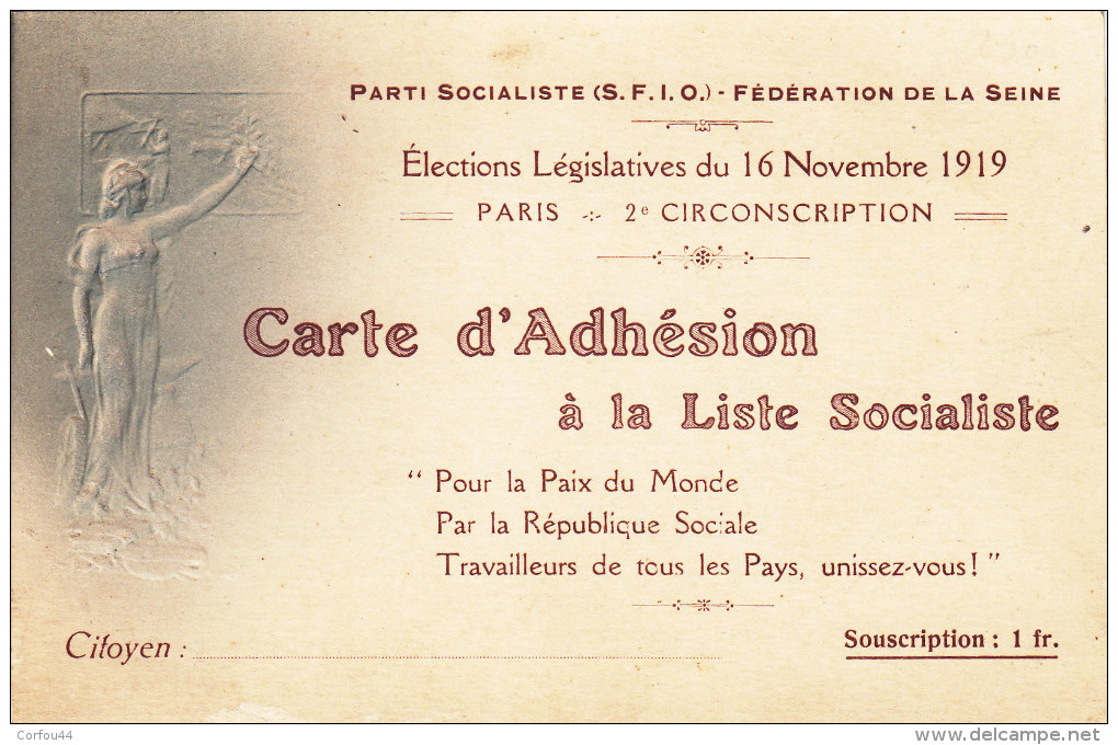 Carte D'Adhésion à La Liste Socialiste - Eélections Législatives De 1919 Paris - Insolite Et Rare. - Political Parties & Elections