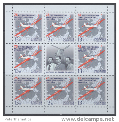 RUSSIA,2012, MNH, PLANES, TRANS POLAR FLIGHT, SHEETLET OF 8v + TAB - Vuelos Polares