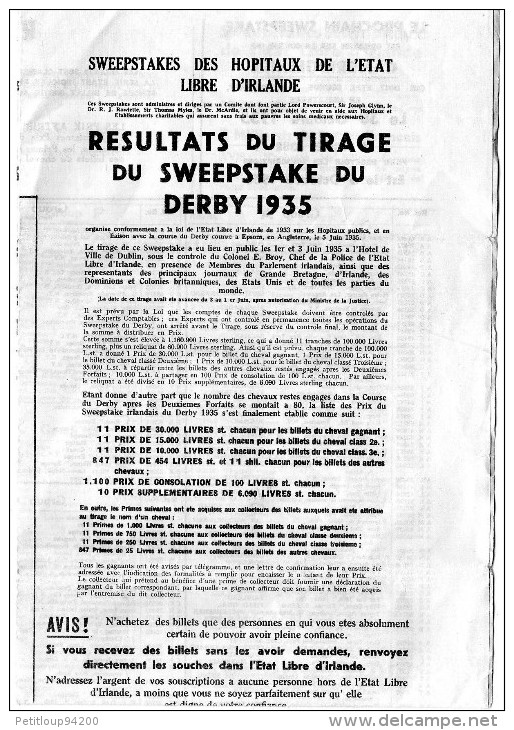 RESULTATS Du TIRAGE Du SWEEPSTAKE IRLANDAIS Du DERBY 1935 - Equitation