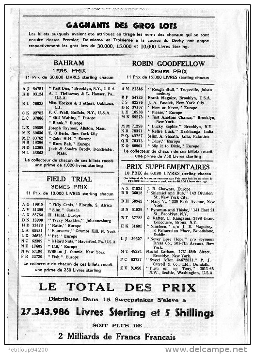 RESULTATS Du TIRAGE Du SWEEPSTAKE IRLANDAIS Du DERBY 1935 - Equitation