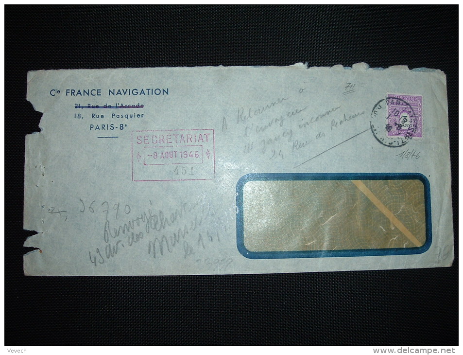 LETTRE TP ARC DE TRIOMPHE 3F OBL. 1-8-46 PARIS 115 + CIE FRANCE NAVIGATION + RETOUR - 1944-45 Triomfboog