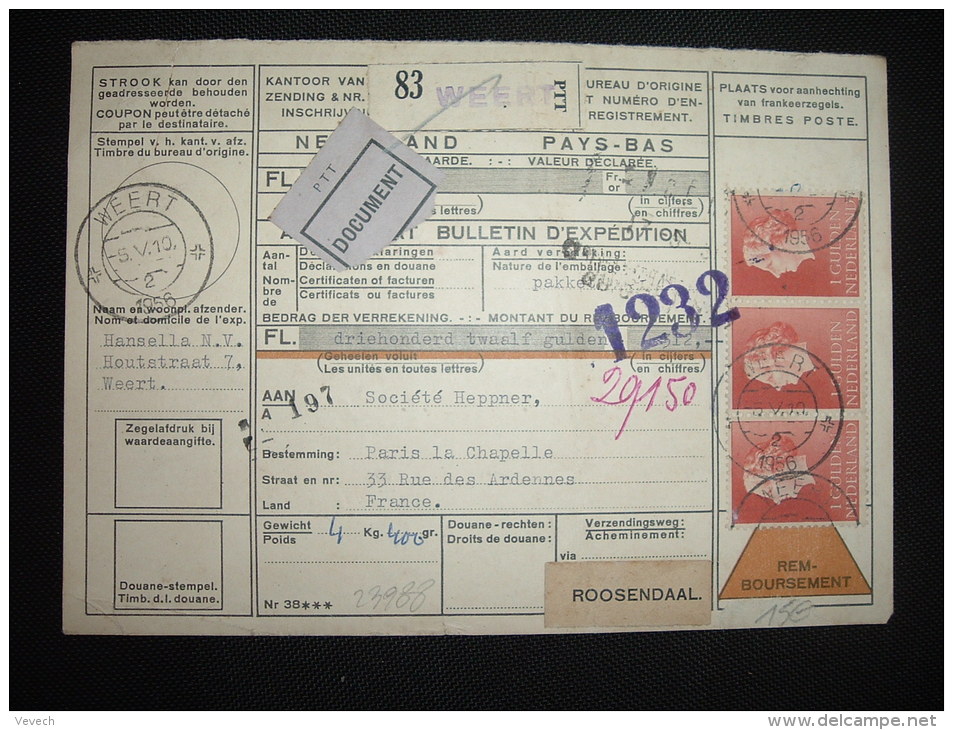 BULLETIN D'EXPEDITION REMBOURSEMENT TP 1G X3 (2TP MANQUANTS) OBL. 5 V 1956 WEERT + ETIQUETTE PTT DOCUMENT - Schienenverkehr