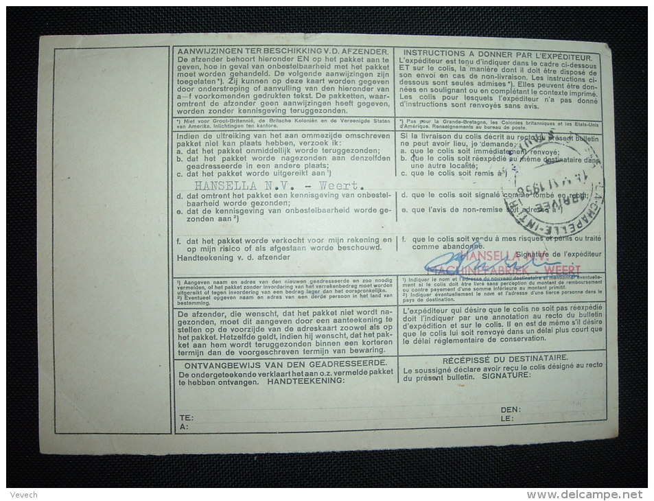 BULLETIN D'EXPEDITION REMBOURSEMENT TP 1G X3 (2TP MANQUANTS) OBL. 5 V 1956 WEERT + ETIQUETTE PTT DOCUMENT - Spoorwegzegels