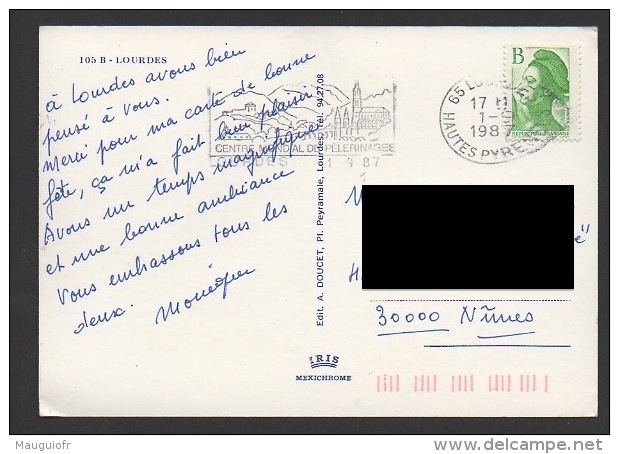 DF / FRANCE SUR CARTE POSTALE / TP 2483 LIBERTE DE GANDON / OBL ET FLAMME LOURDES 1 -9 1987 HAUTES PYRENEES - Autres & Non Classés