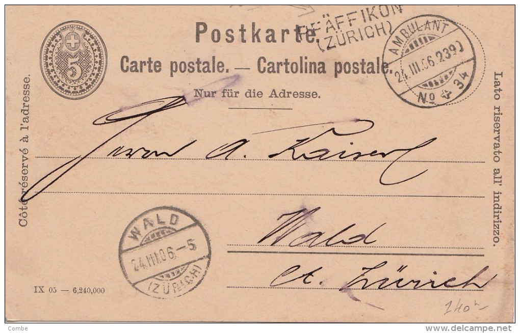 1906, Carte SUISSE, POSTE AMBULANT N° 34, PFÄFFIKON(ZURICH) /5579 - Briefe U. Dokumente