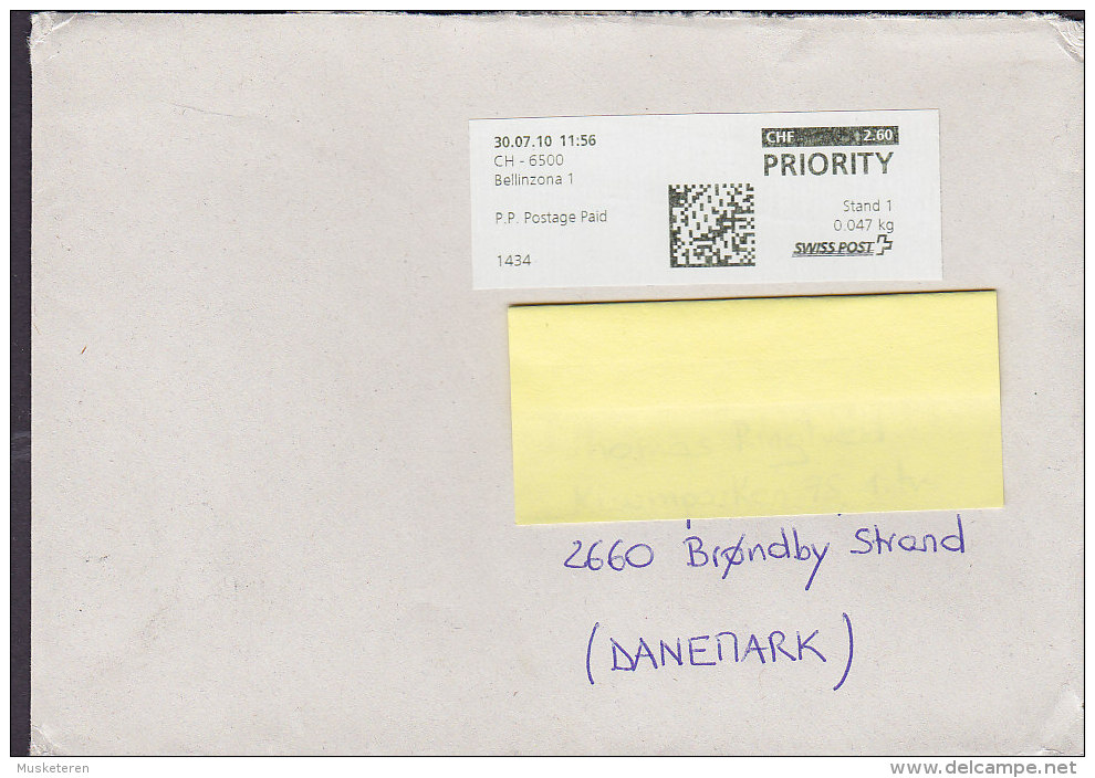Switzerland Priority SWISS POST P.P. Postage Paid Label BELLINZONA 2010 Cover Lettera To BRØNDBY STRAND Denmark - Lettres & Documents