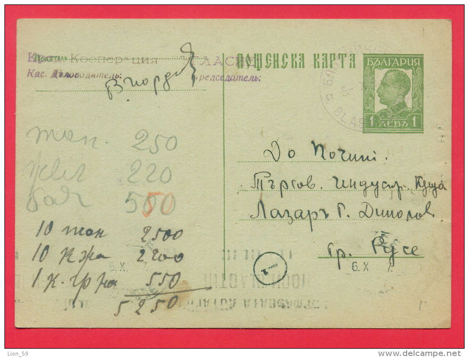 146654 / 1 Lev - 1937 Village BLASNICHEVO - ROUSSE ,POSTMAN 7,  Stationery Entier Bulgaria Bulgarie Bulgarien Bulgarije - Ansichtskarten