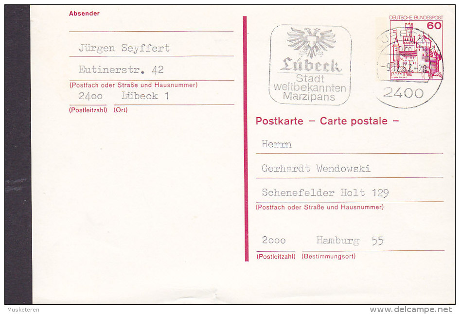 Germany Bundespost Postal Stationery Ganzsache Entier LÜBECK "Stadt Weltbekannten Marzipans" 1982 To HAMBURG Marksburg - Postkaarten - Gebruikt