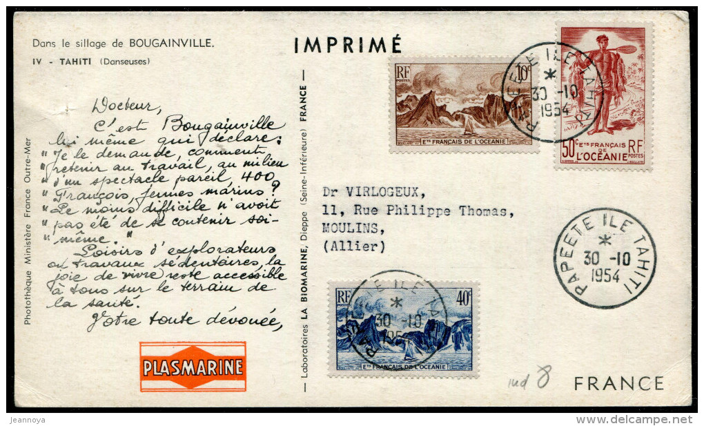 OCÉANIE - N° 182 + 184 + 185  / CP PUBLICITAIRE PLASMARINE , OBL. PAPEETE LE 30/10/1954 , POUR LA FRANCE - TB - Briefe U. Dokumente