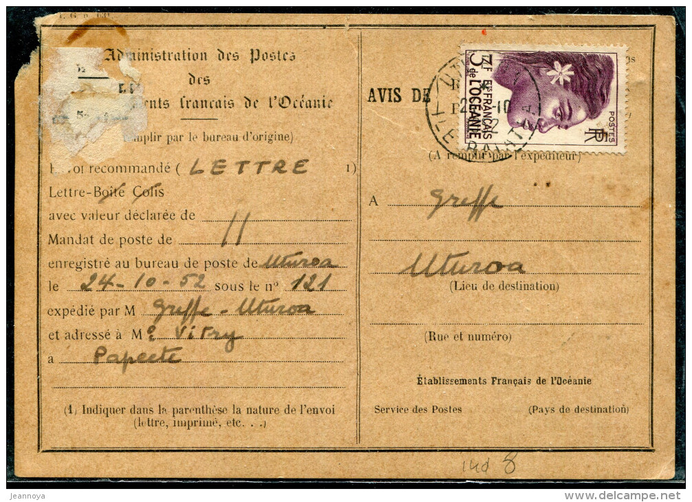 OCÉANIE - N° 193 / AVIS DE LR D'UTUROA LE 24/10/1952, POUR PAPEETE - B & RARE - Covers & Documents
