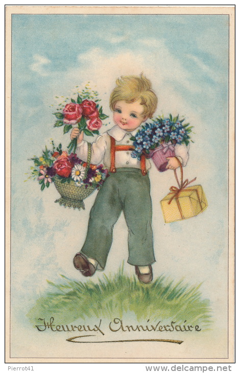 ENFANTS - Jolie Carte Fantaisie Petit Garçon Avec Fleurs "Heureux Anniversaire" - Hannes PETERSEN (non Signée) - Petersen, Hannes