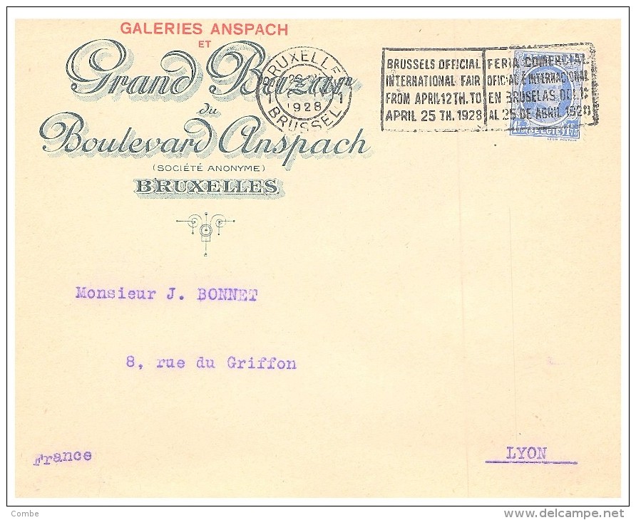 1928, LETTRE  BELGIQUE, GRAND BAZAR  DU BOULEVARD ANSPACH,BRUXELLES Pour La FRANCE, /2251 - Briefe U. Dokumente