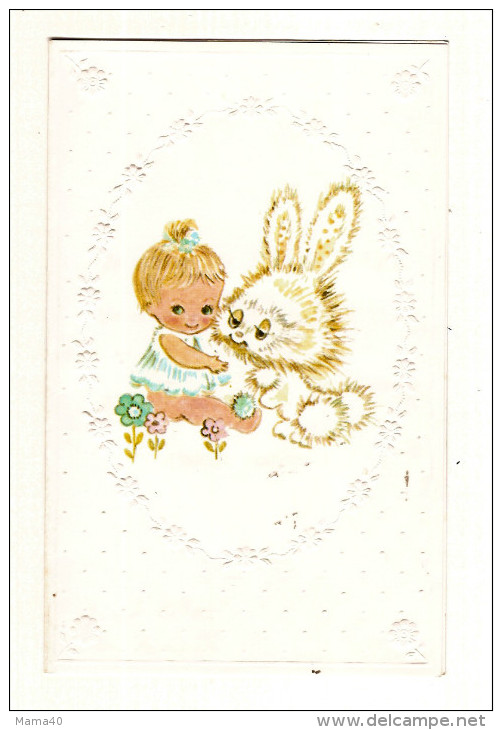 FAIRE PART NAISSANCE - FILLETTE ET SON LAPIN - GUIRLANDE DE FLEURS EN RELIEF - Geboorte & Doop