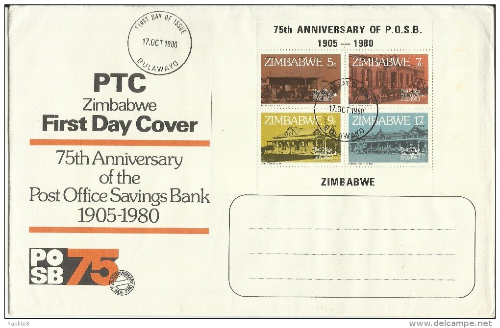 ZIMBABWE 1980 POST OFFICE SAVINGS BANK 75TH ANNIVERSARY  75 ANNIVERSARIO UFFICIO POSTALE FDC FIRST DAY COVER - Zimbabwe (1980-...)