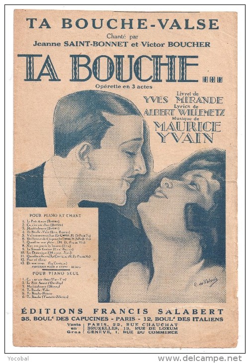 Partitions Musicales, TA BOUCHE-VALSE, Lyrics De A. WILLEMETZ, Musique M. YVAIN, Ed : F. SALABERT, Frais Fr : 1.80 - Partitions Musicales Anciennes