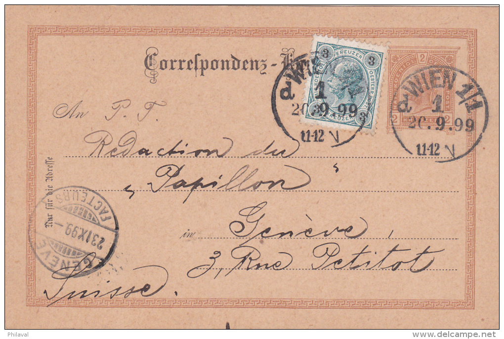 AUTRICHE : Entier Postal Avec Affranchissement Complémentaire, Oblitéré WIEN 1/1 Le 20.9.1899 à Destination De Genève - Autres & Non Classés