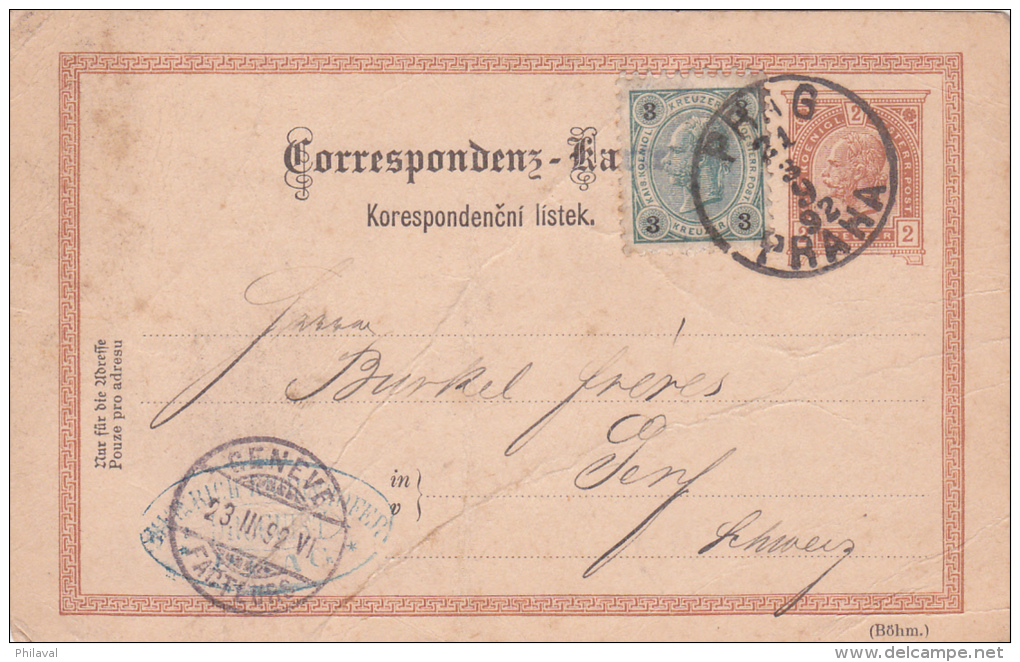 AUTRICHE : Entier Postal Avec Affranchissement Complémentaire Oblitéré  PRAG PRAHA Le 21.3.1892 à Dest. De Genève - Autres & Non Classés