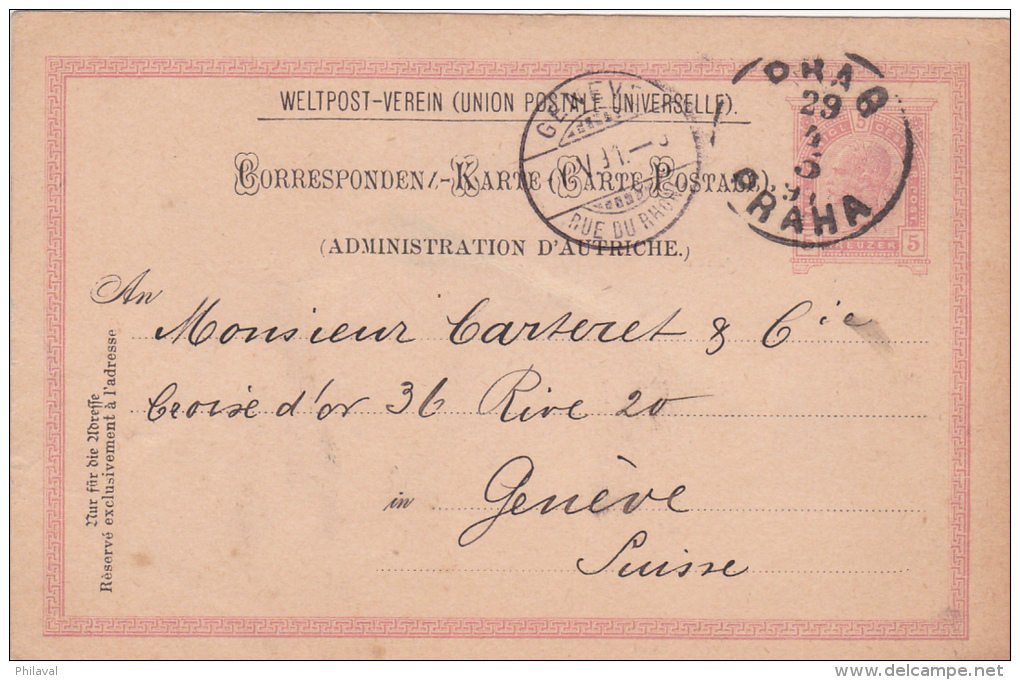 AUTRICHE : Entier Postal  Oblitéré  PRAG PRAHA Le 29.4.1891 à Destination De Genève - Autres & Non Classés