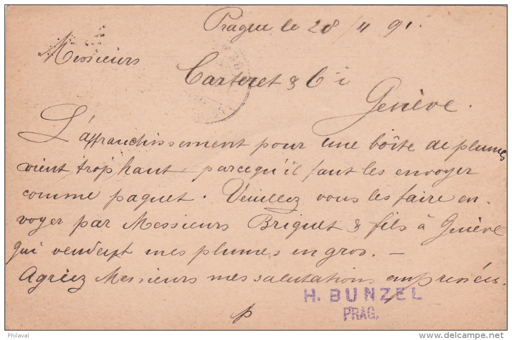 AUTRICHE : Entier Postal  Oblitéré  PRAG PRAHA Le 29.4.1891 à Destination De Genève - Autres & Non Classés