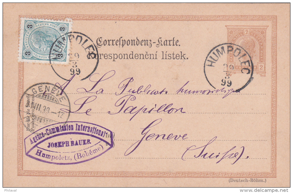 AUTRICHE : Entier Postal Avec Affranchissement Complémentaire Oblitéré HUMPOLEC Le 29.3.1899, à Destination De Genève - Autres & Non Classés